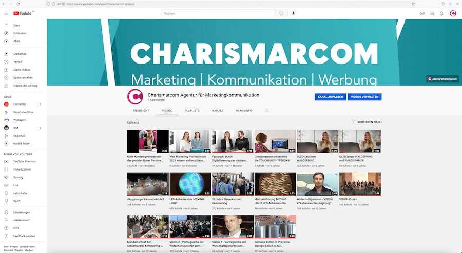 Der YouTube Kanal der Agentur Charismarcom