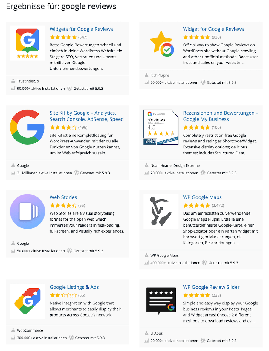 Übersicht WordPress PlugIns Google Reviews