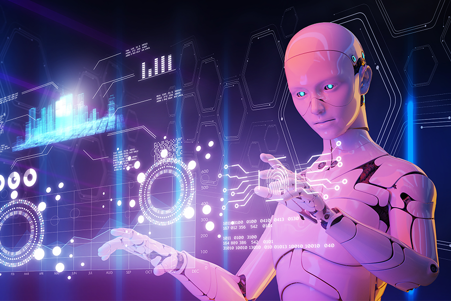Google Werbung: Automatisierungsfunktionen für effizientes Marketing: Roboter arbeitet mit Hologrammen